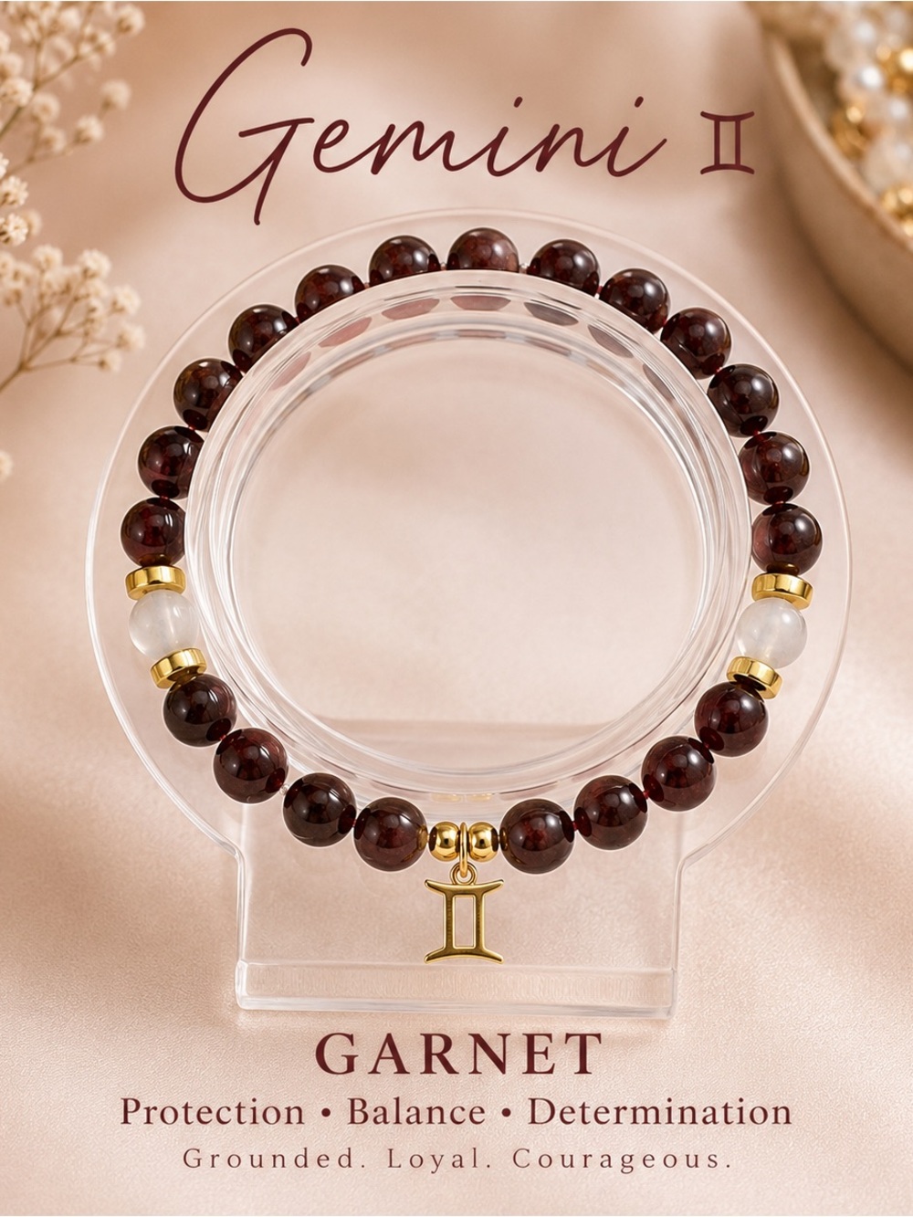 Garnet Bead Bracelet with Gold Charm - Women